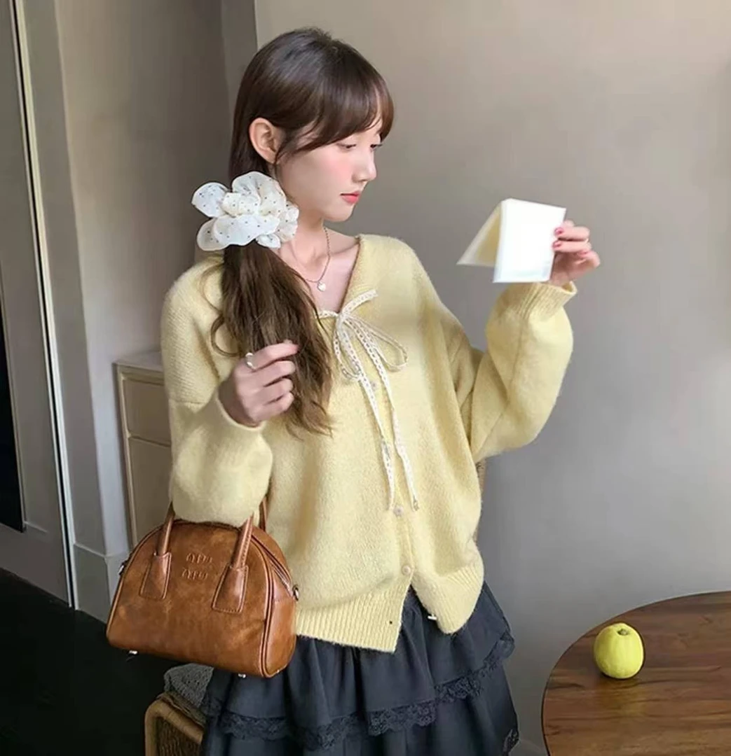 蕾丝系带领毛衣开衫外套女2025秋季新款软糯温柔气质休闲针织上衣