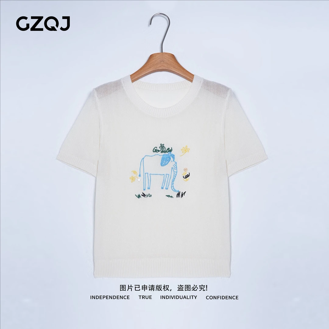 广州琴姐【大象与花】欧若风刺绣薄款圆领短袖针织衫T恤女夏季35059