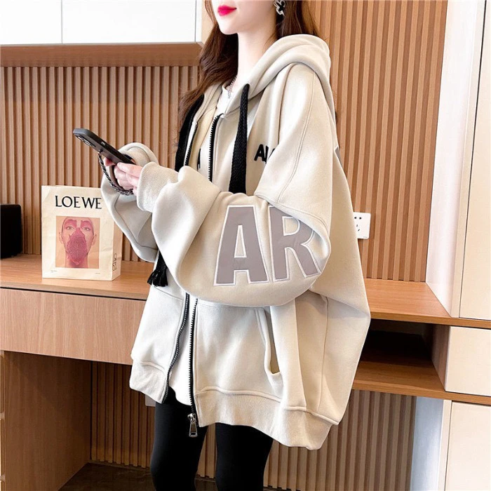 冬季抽绳春季女连帽粉色卫衣秋冬外套开衫款常规刺绣