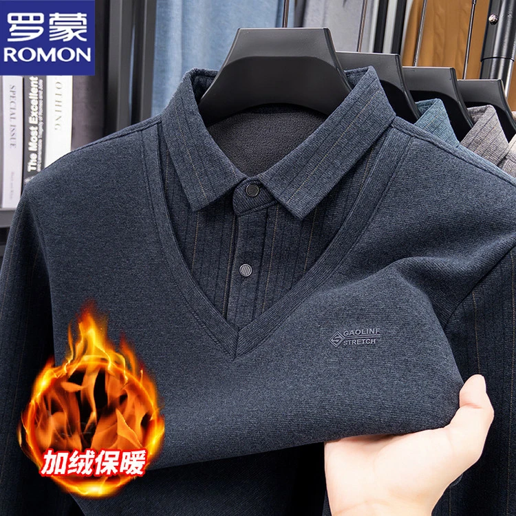 罗蒙新款男士翻领长袖加绒加厚假两件Polo衫休闲百搭宽松保暖上衣