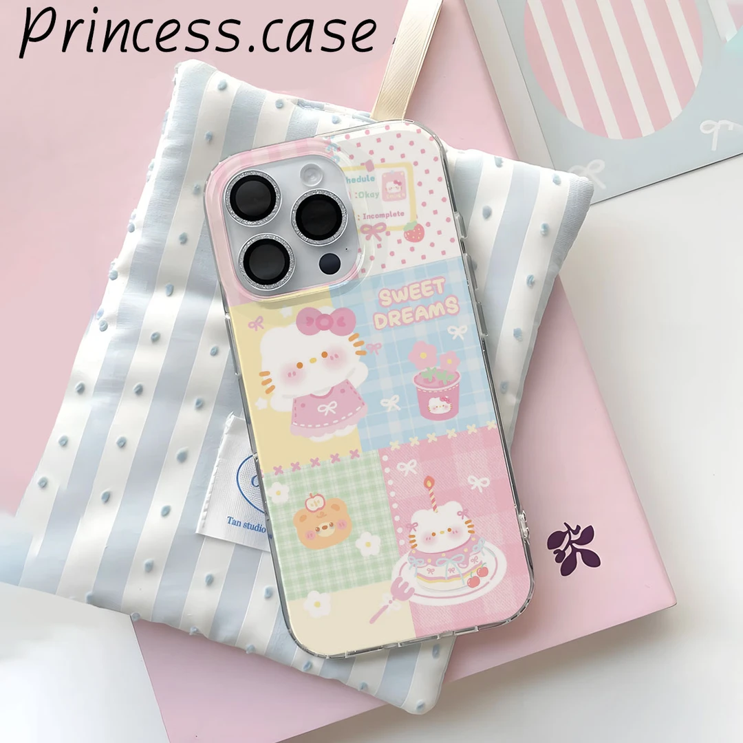 可爱五彩格子kitty女款适用苹果12/13/14/15/16 IMD双层手机壳