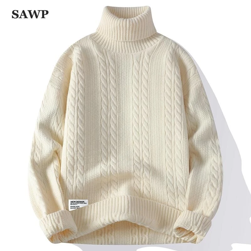 领麻花毛衣男士秋冬季加厚卫生衣潮流内搭男士红色本命年圆领毛衣