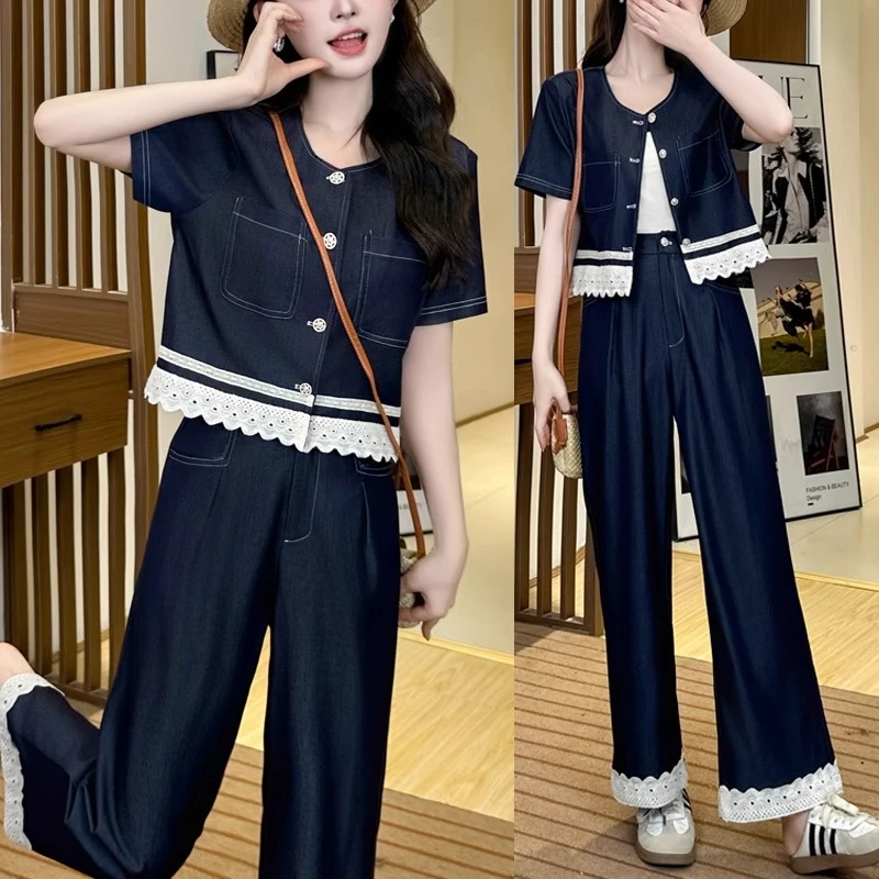 2025夏装薄款新款时尚蕾丝花边拼接短袖牛仔减龄直筒阔腿长裤套装