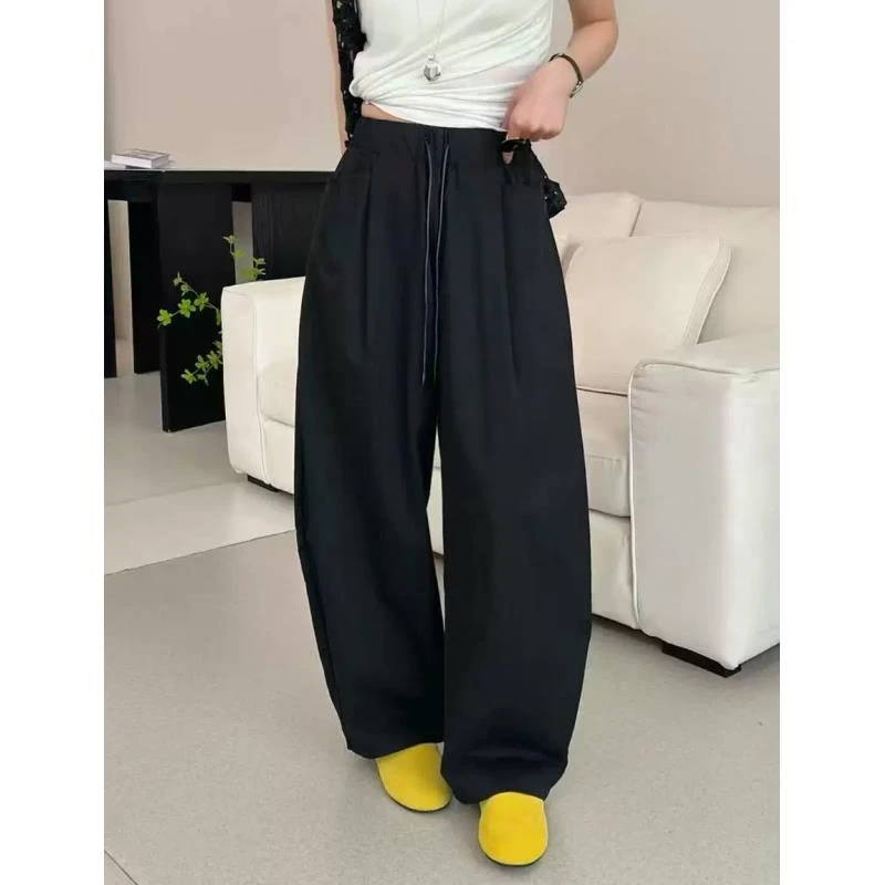 黑色垂感弯刀裤女夏松紧抽绳休闲哈伦老爹裤新款韩版阔腿裤1263
