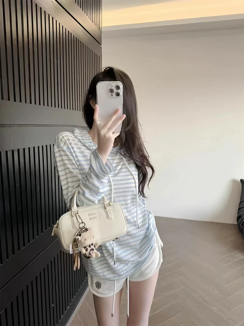 美式小马标连帽撞色条纹T恤女24秋季新款外搭薄款防晒衫➕裤子一套