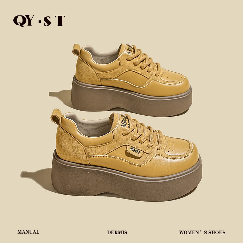 【隐形增高8CM】百搭时尚运动休闲鞋真皮圆头厚底系带单鞋女#F79107