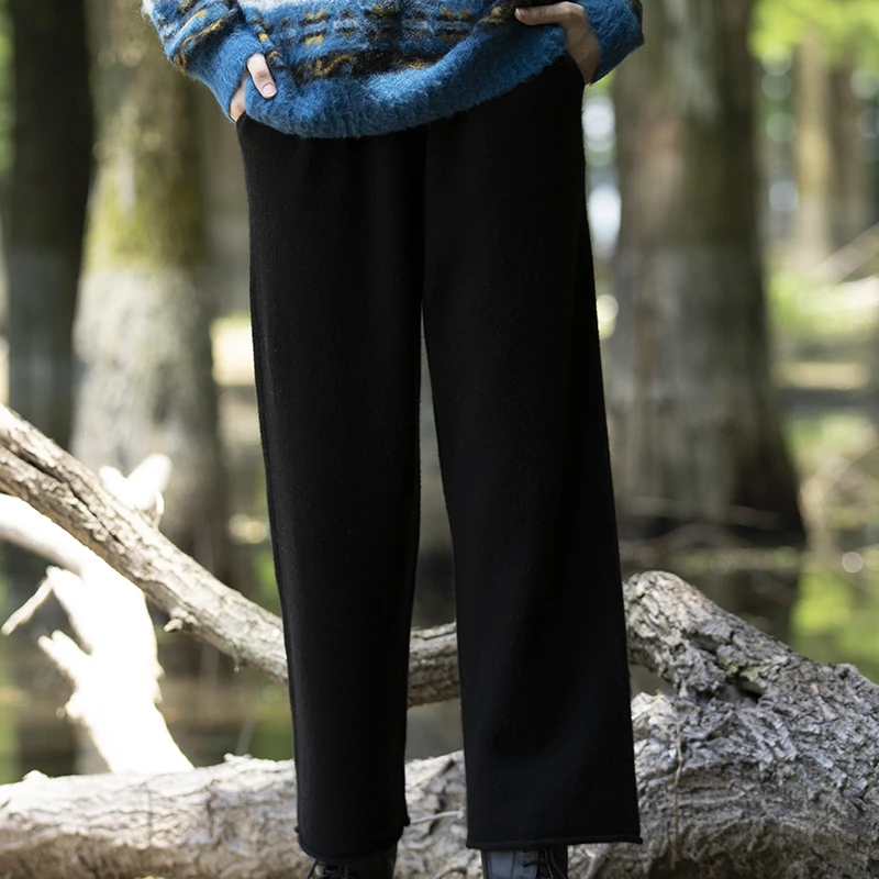 【黑唱片】 牦牛绒黑色秋冬高腰纯色直筒裤气质百搭长裤运动休闲裤