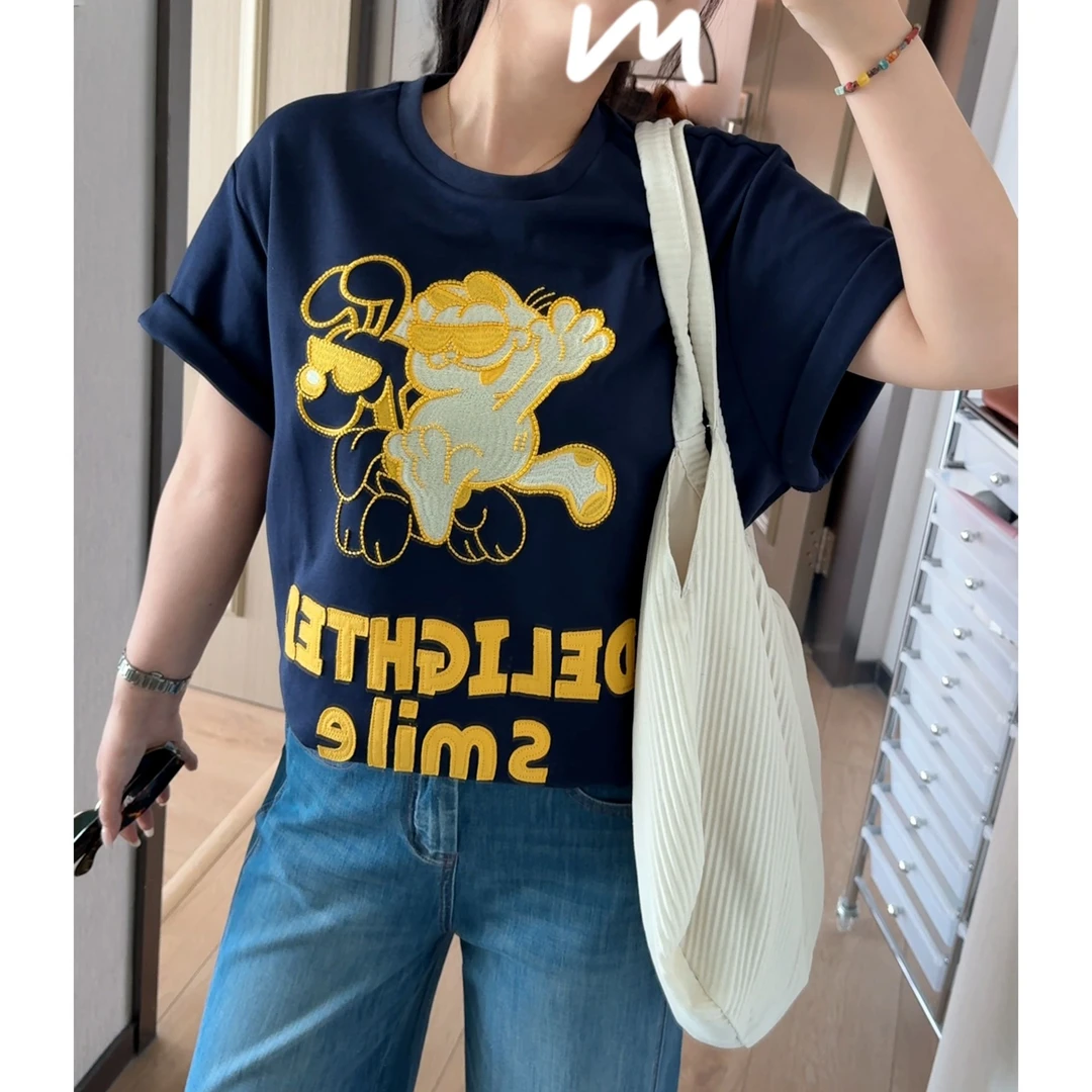 桔青春夏季卡通重磅圆领短袖t恤女新款时尚休闲显瘦宽松轻奢上衣