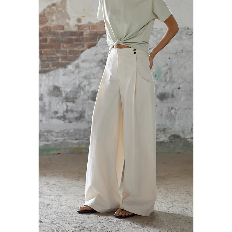 HERLAND她地【坚果裤】100%棉宽松阔腿裤女夏修身高级感双排扣长裤