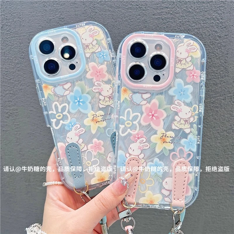 潮牌鲜花兔子挂绳适用苹果16华为mate70手机壳新款vivo小米15OPPO