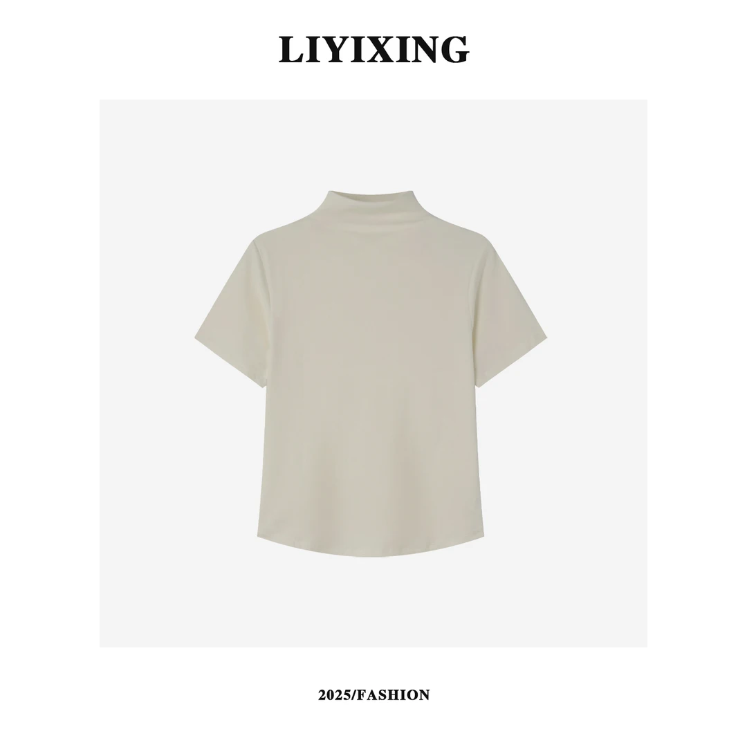 【李易行】极简风小立领飞飞袖纯色短袖T恤早秋通勤百搭休闲上衣D70