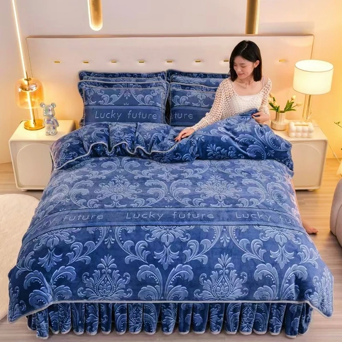 加厚8-9斤牛奶绒四件套保暖床裙款加绒被套双面绒秋冬季床上用品