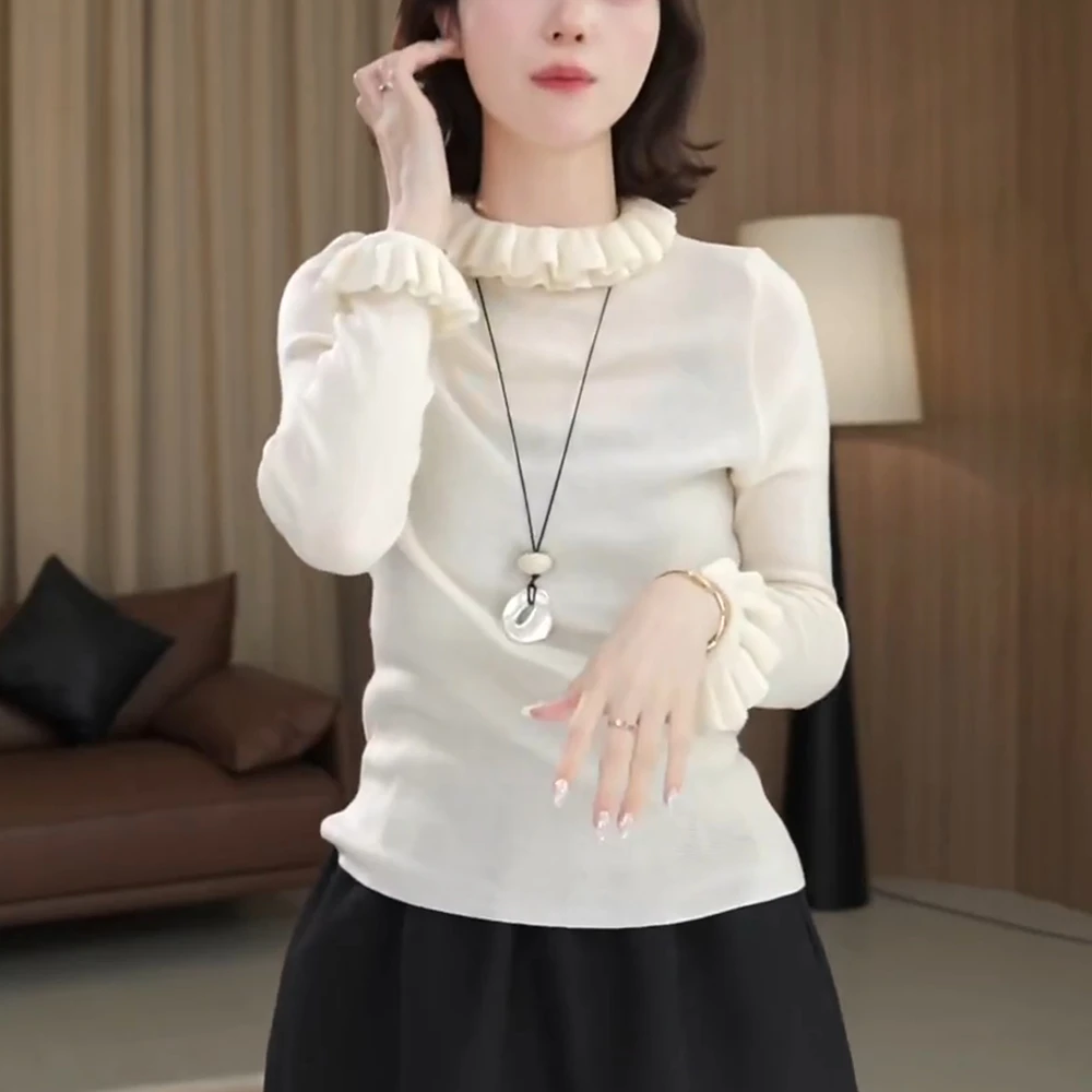 秋季白色木耳边针织衫女慵懒高级感内搭半高堆堆领打底毛衣上衣