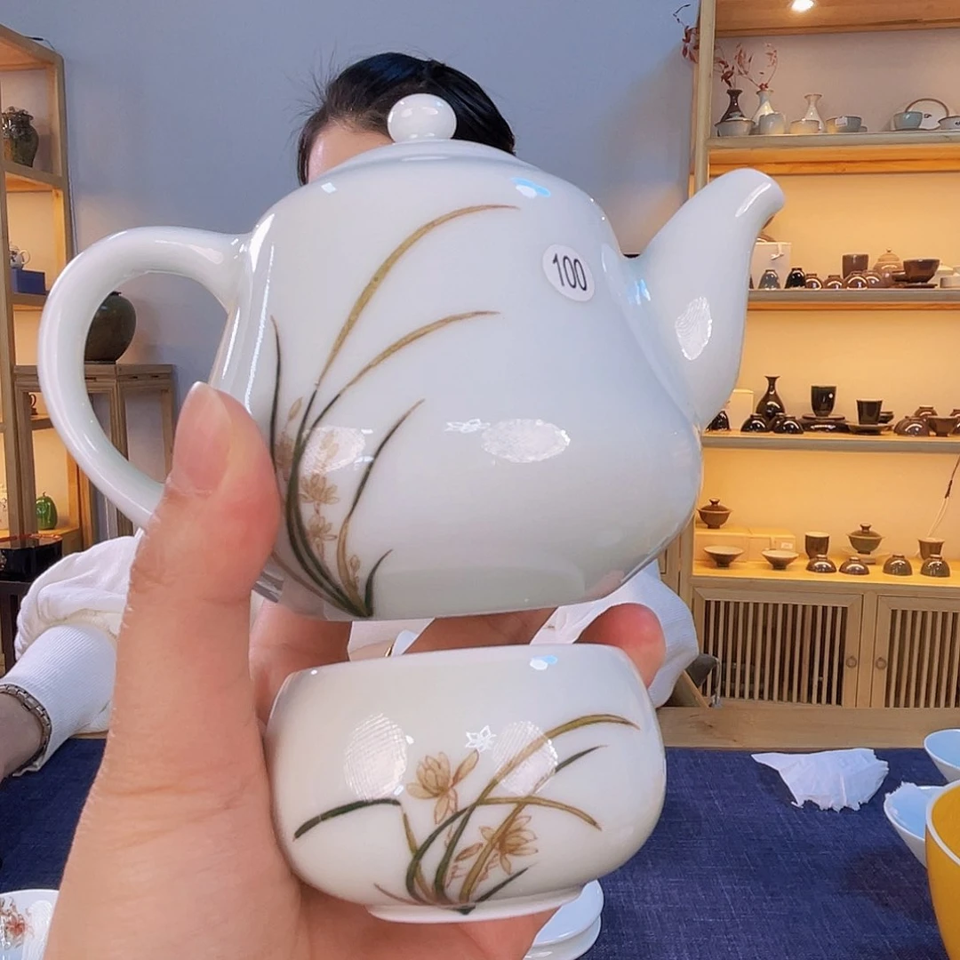 戏墨白釉兰花壶➕杯