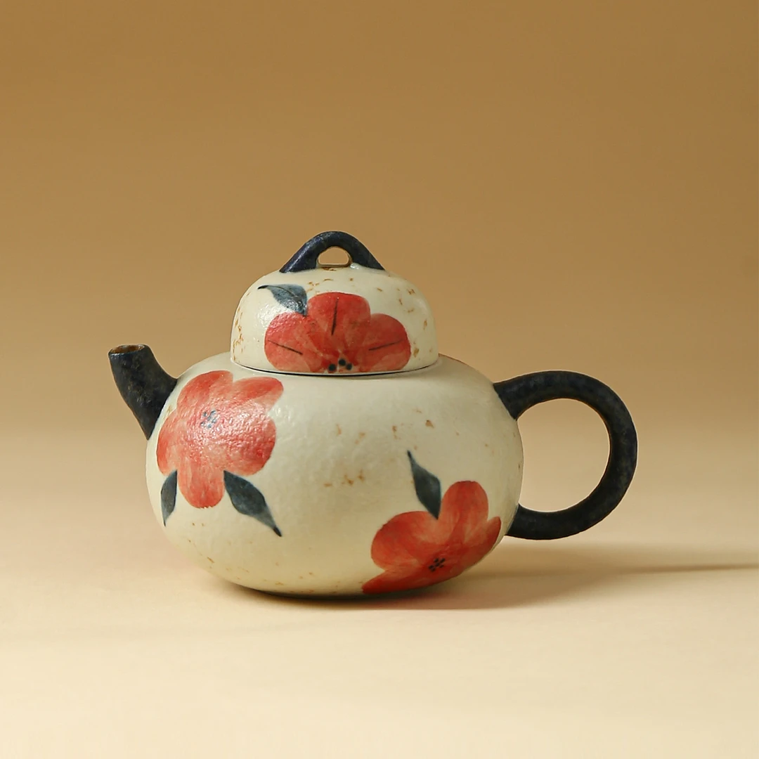 国潮主人杯青花火石红茶壶釉下彩手绘桃花手抓壶家用功夫茶具配件