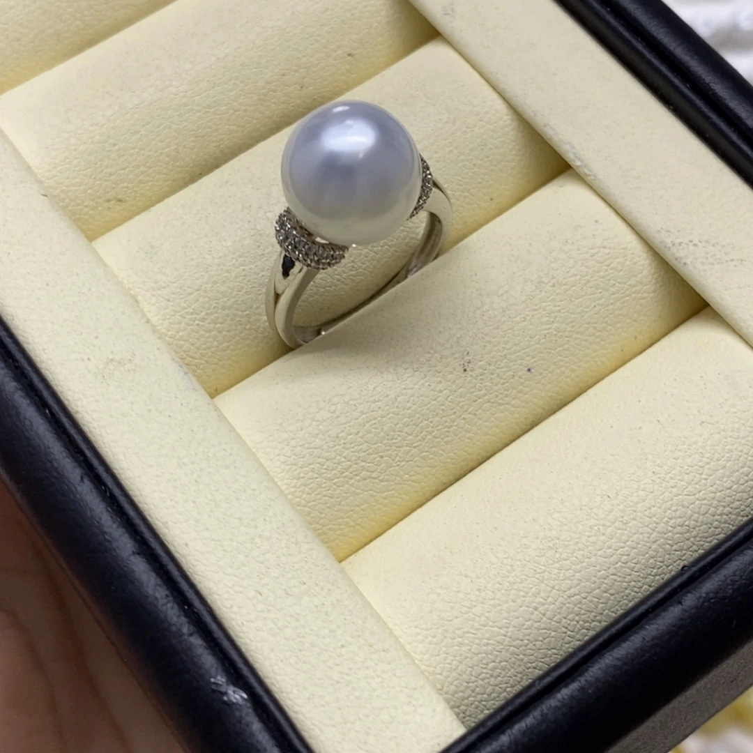 银S925镶嵌戒指海水珍珠澳白戒指11-12m m