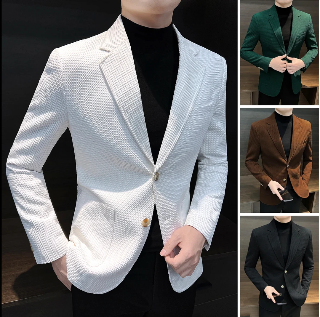 华夫格休闲西装外套男款2025新款春秋季韩版修身男装痞帅男士西服