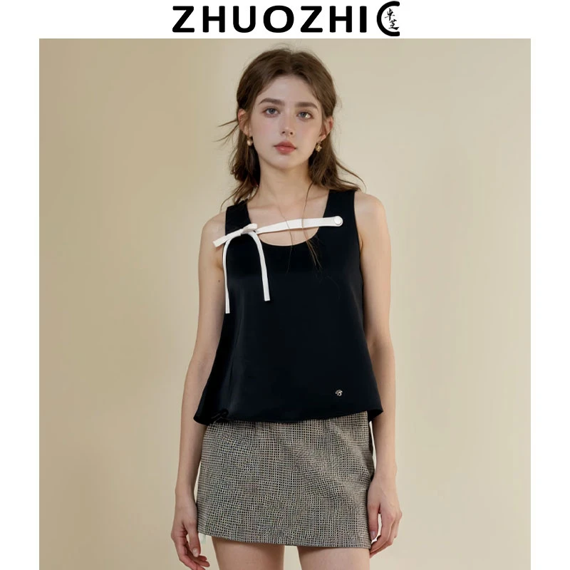卓芝法式浪漫蝴蝶结无袖t恤2025夏季新款通勤百搭显瘦背心上衣女