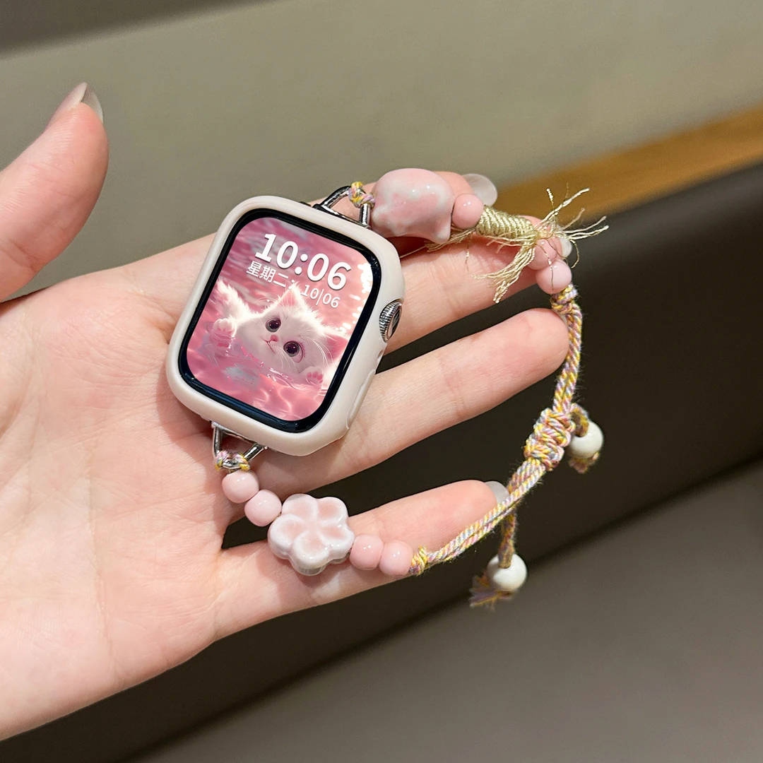 粉色猫猫表带适用iwatch S11手表applewatchS10苹果手表编绳9配件