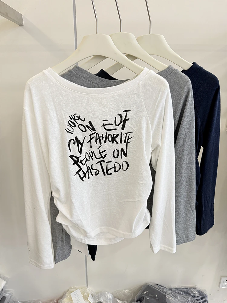 韩系斜肩字母印花长袖T恤时尚早秋新款女宽松休闲百搭防晒上衣潮
