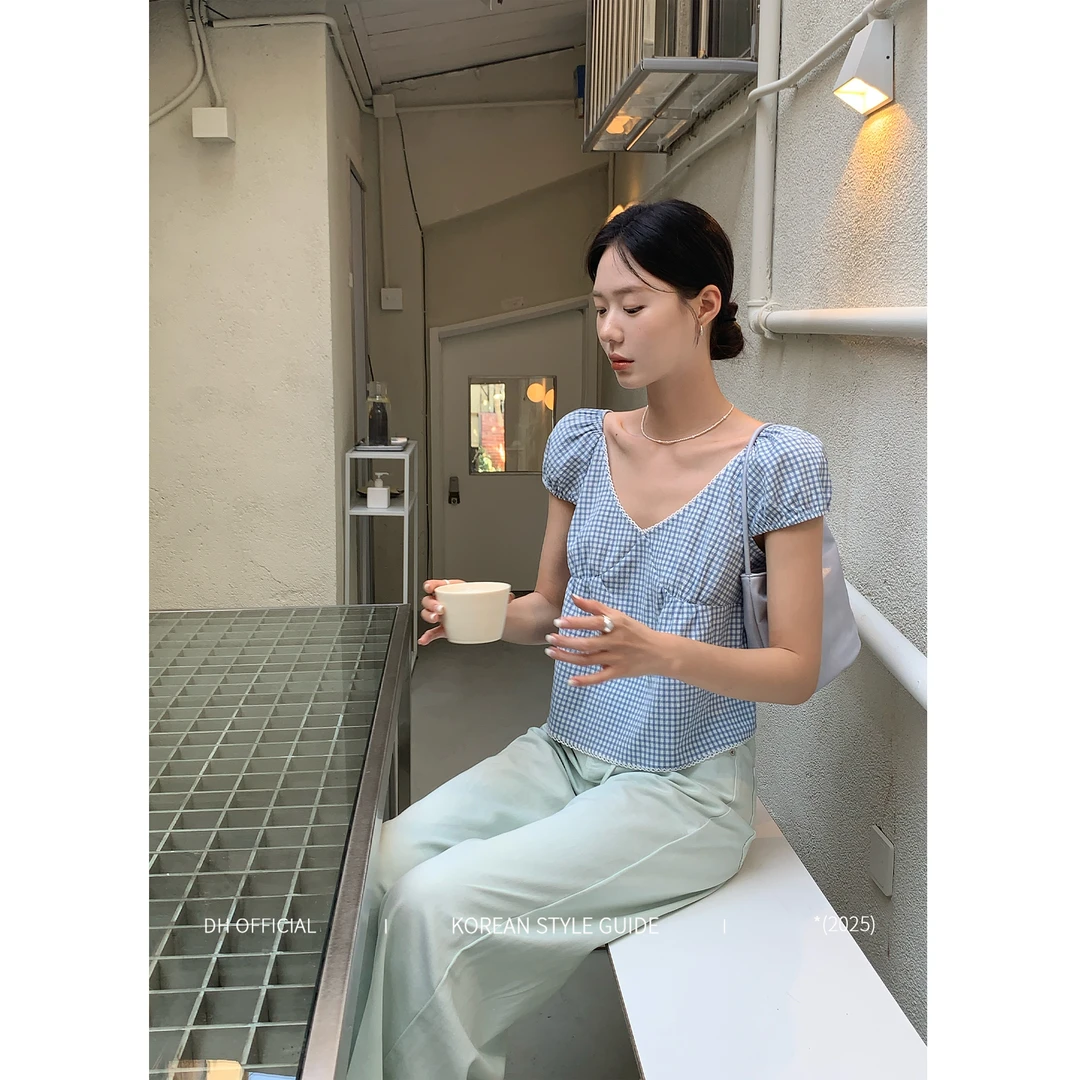 清DH OFFICIAL 大花【海盐冷萃 Cold】法式甜美蓝白格纹气质V领衬衫