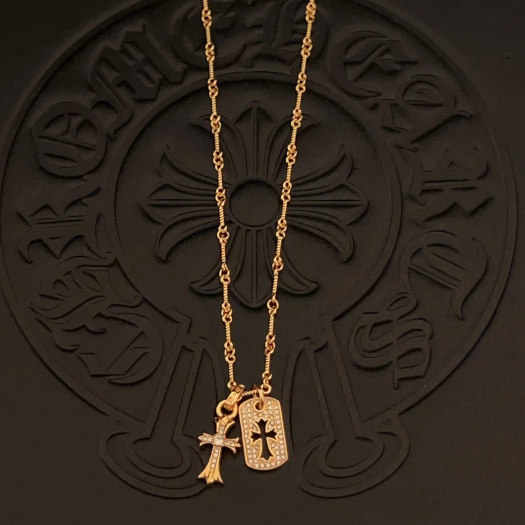 铜合金项链 【004】克罗十字架项链金色镂空方牌男士高级感项链轻奢