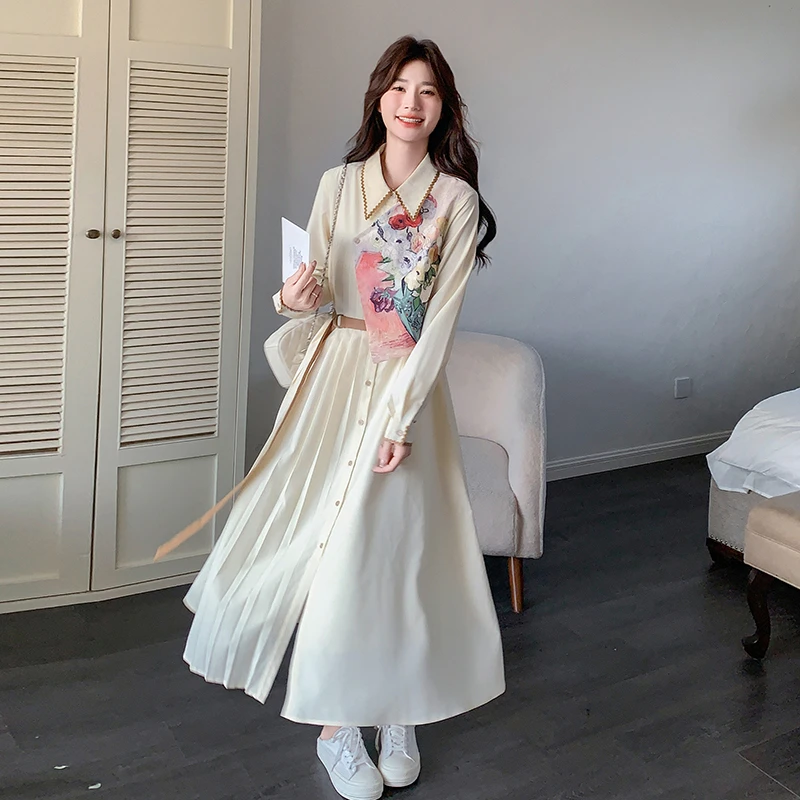 法式设计感油画印花连衣裙女2025春季新款时尚气质高级感衬衫长裙