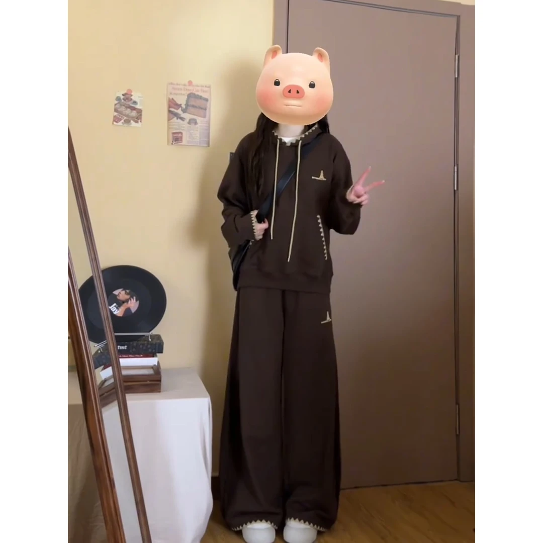美拉德穿搭咖色连帽卫衣慵懒风长袖睡衣女秋季新款长裤家居服套装