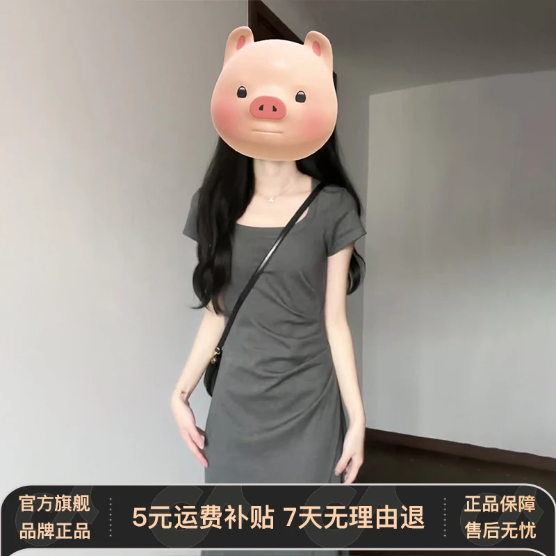小个子灰色方领连衣裙子女夏季2025新款茶歇梨形身材收腰气质长裙