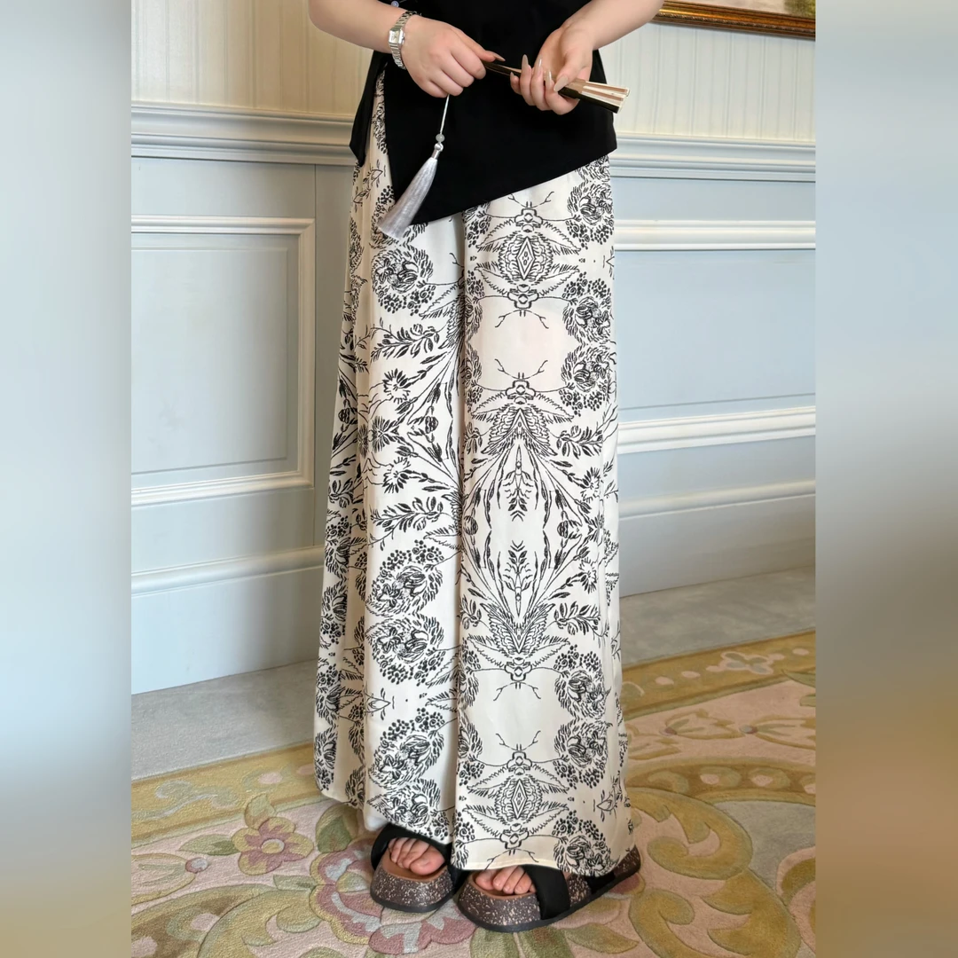 楠序微胖女装 复古印花垂感直筒裤女宽松遮胯宽慵懒风裤子YZ36321
