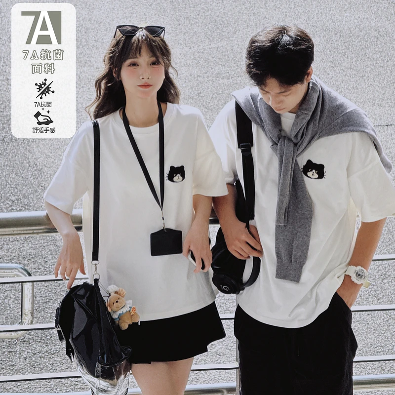 森女部落甜美猫咪绣花百搭圆领休闲短袖情侣装小众上衣T恤女夏季