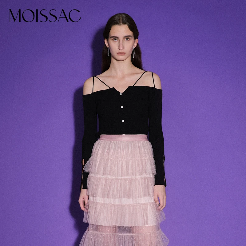 MOISSAC/摩萨克 春性感极简一字肩坑条针织打底衫毛衫