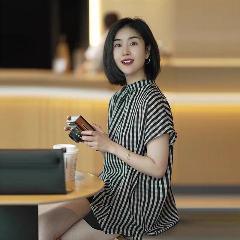 立领拼色设计感衬衣女2025新款夏季复古格子短袖衬衫显瘦高级上衣