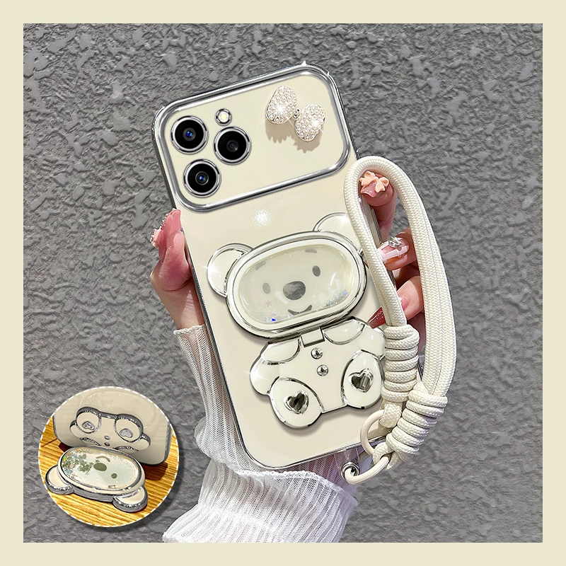 适用【oppoa5活力版】手机壳新款流沙熊镜子支架防摔软壳硅胶女个性