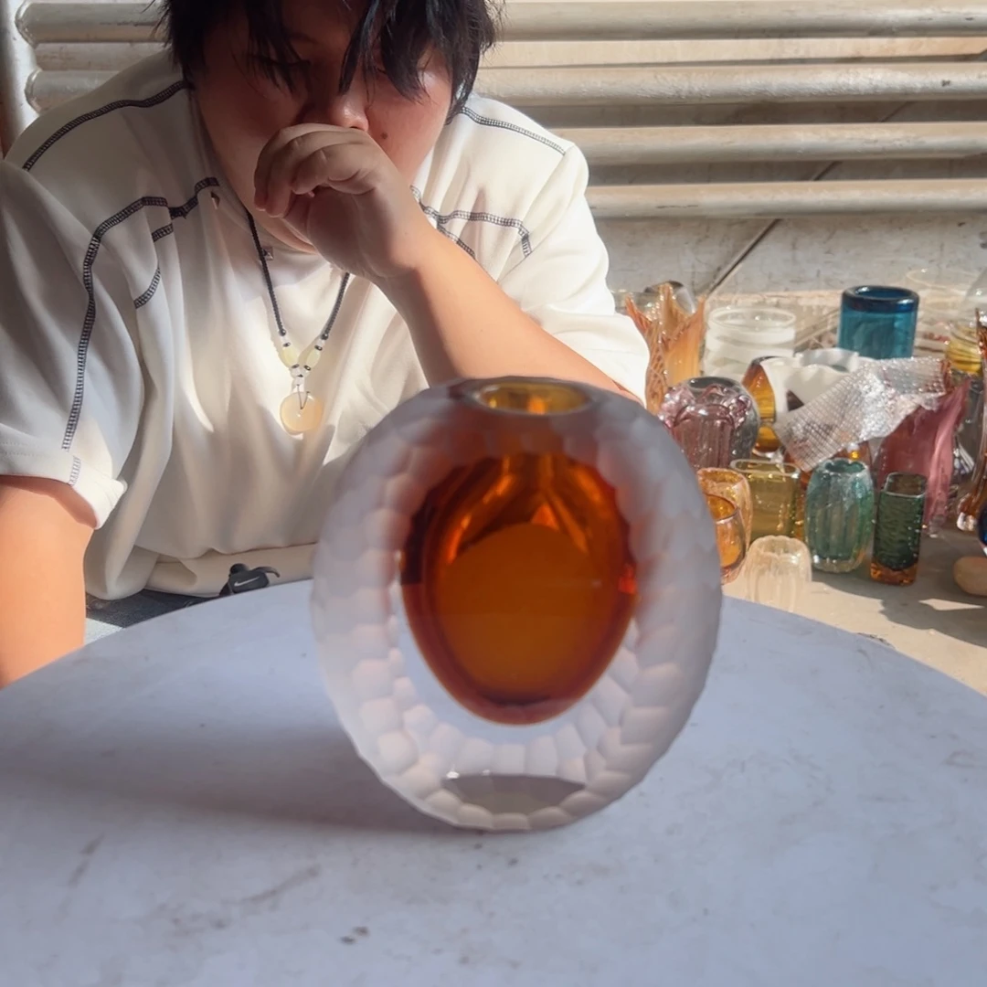 琥珀切面刻磨高度14琉璃花器摆件微瑕