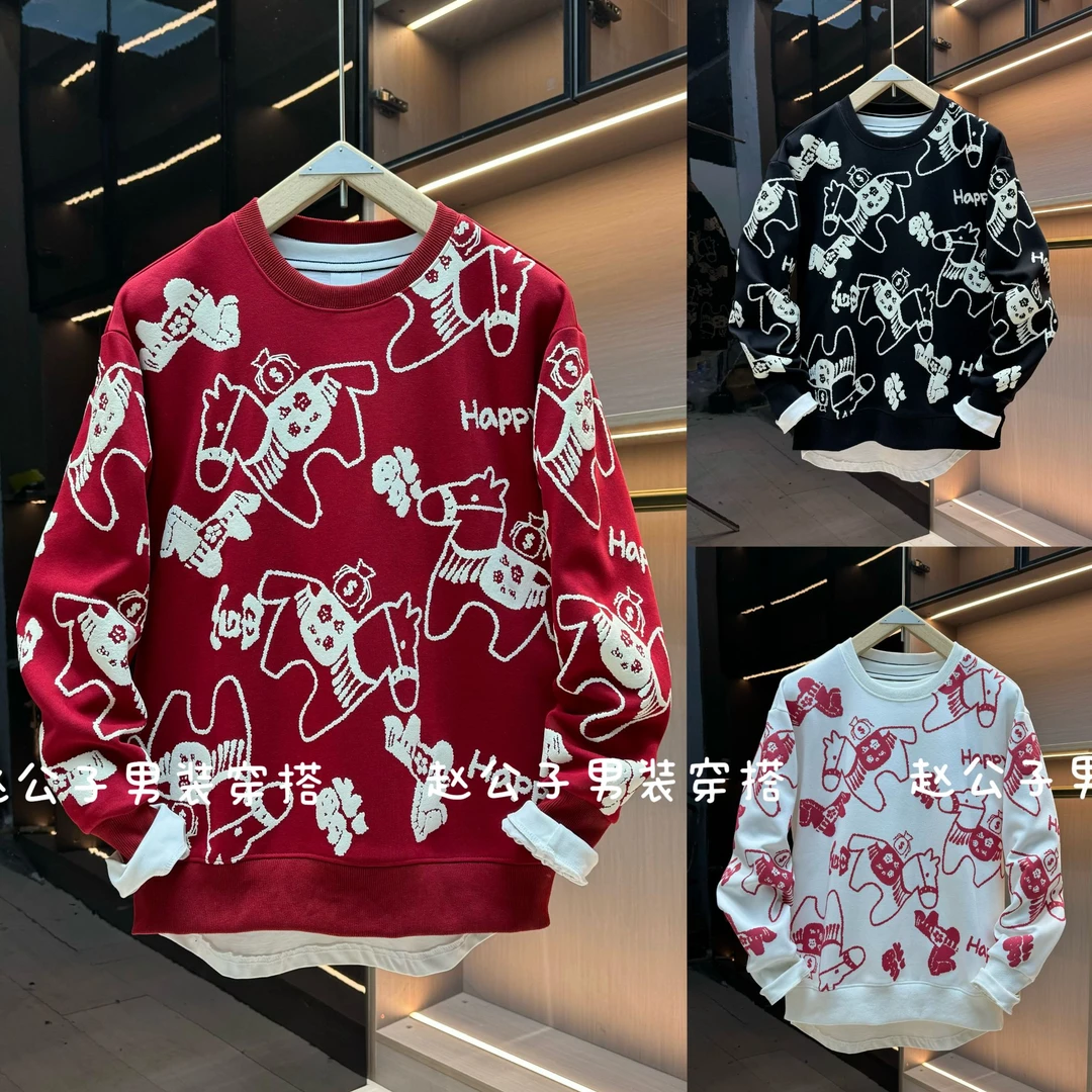 本命年新款卫衣秋冬潮牌百搭动物发泡印花长袖上衣圆领套头打底衫