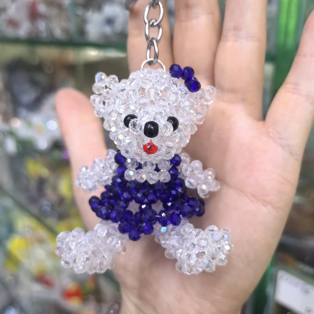 手工编织4mm小熊蓝白色女熊挂件
