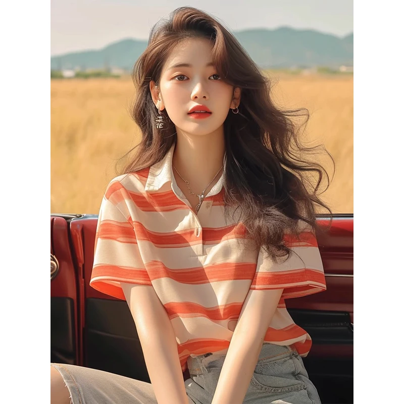 百搭短袖polo领上衣独特别致绝美小众设计感橙色条纹t恤女夏季