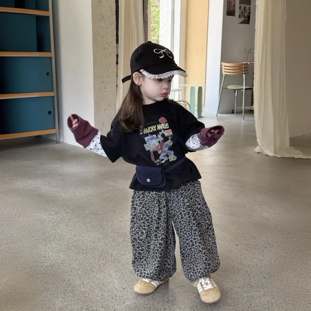 2025秋季女童韩版假两件长袖T恤豹纹休闲裤套装儿童长裤秋季童装