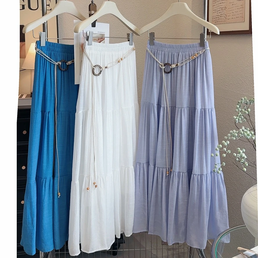 （配腰带）飘逸大摆棉麻半身裙女夏季2025新款遮胯显瘦高腰长裙文艺