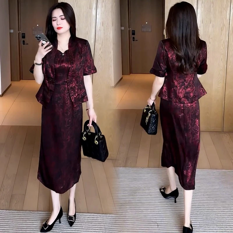 时尚连衣裙套装女2025夏季新款洋气质显瘦印花短外套背心裙两件套