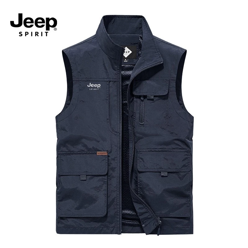 JEEPSPIRIT吉普马甲男春夏季多口袋立领宽松大码薄款透气户外背心