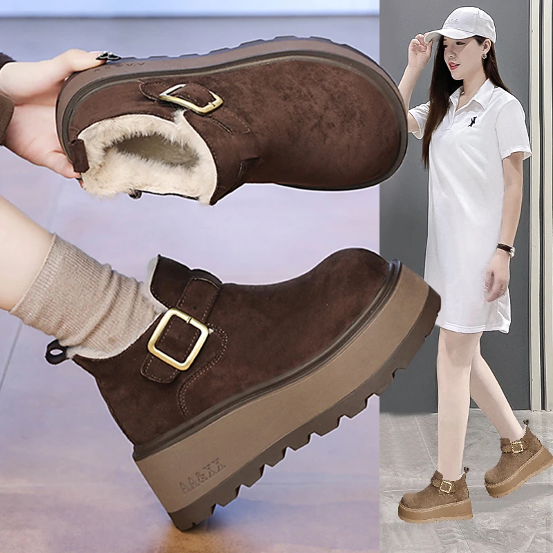 加绒厚底勃肯鞋女2025冬季小个子增高7CM高帮棉鞋女配裙子雪地靴