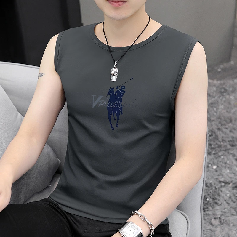 夏季透气冰感薄款宽肩背心印花无袖上衣汗衫打底男士潮流坎肩T恤