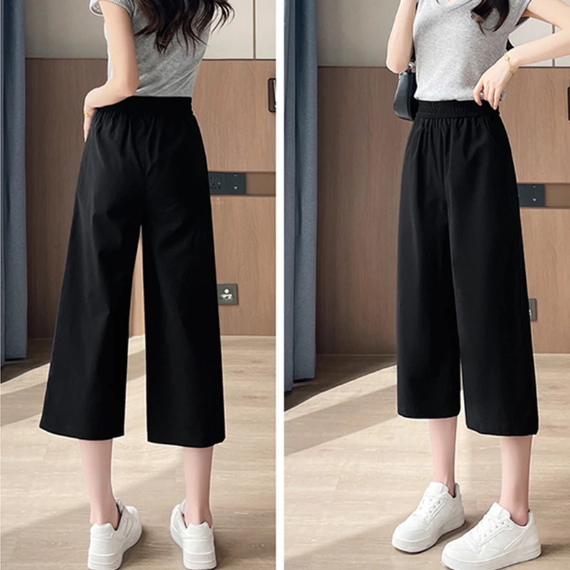 慵懒感阔腿休闲裤矮个子胖mm直筒裤黑色2025春夏新款松紧腰七分裤