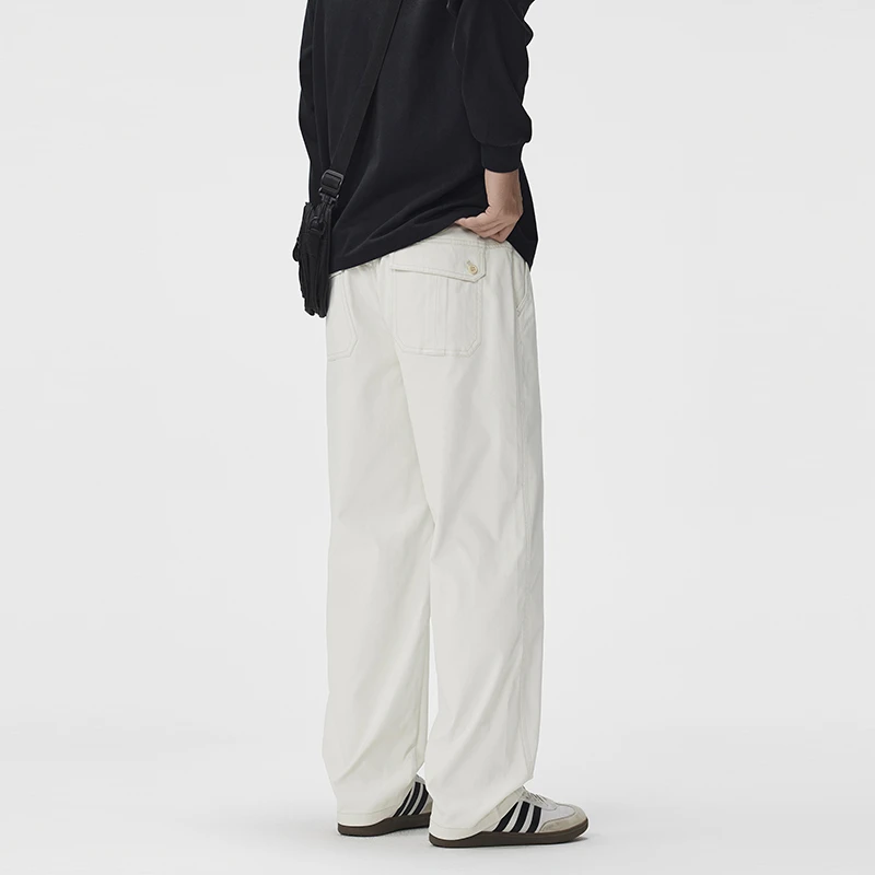 秋季新款米白色休闲裤男士美式潮牌设计感直筒宽松松弛感长裤子男