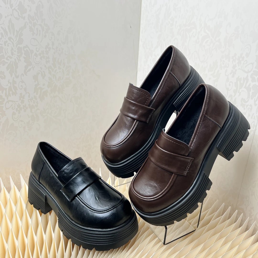 937加绒秋冬新款英伦风圆头厚底百搭粗跟复古法式乐福鞋