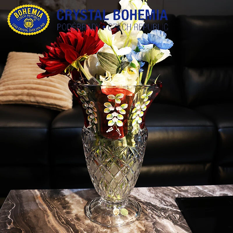 捷克进口BOHEMIA水晶玻璃高档轻奢珐琅花插花花瓶客厅复古摆件