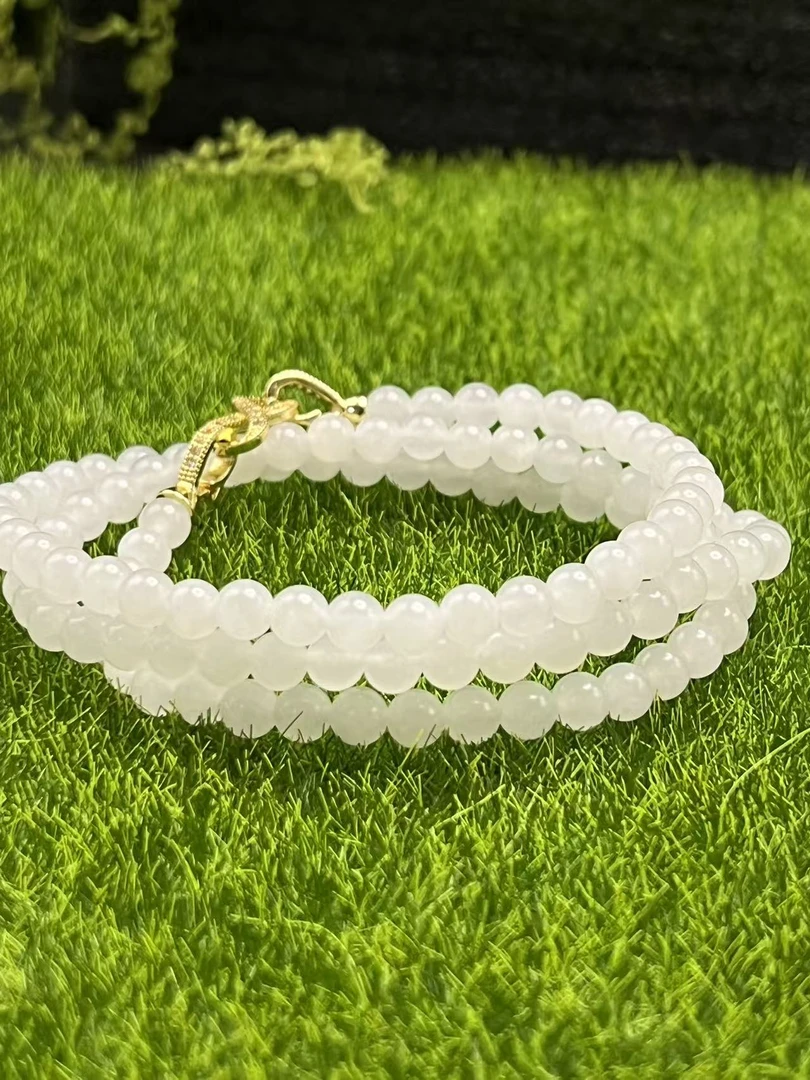 和田玉高冰白圆珠精致时尚素款项链长链