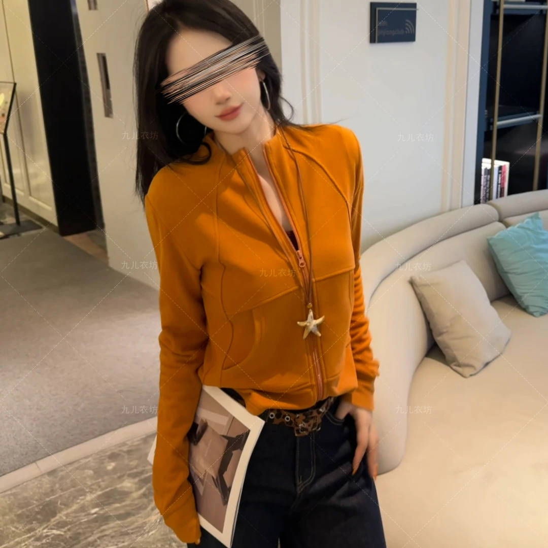 2025新款双拉链立领卫衣打底秋季修身设计感加厚外套女1031